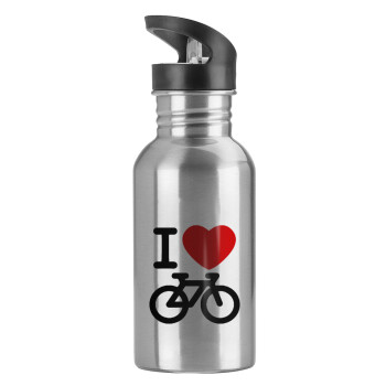 I love Bike, Water bottle Silver with straw, stainless steel 600ml