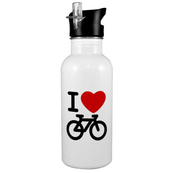 I love Bike, White water bottle with straw, stainless steel 600ml