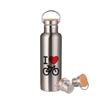 I love Bike, Stainless steel Silver with wooden lid (bamboo), double wall, 750ml