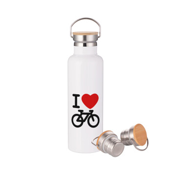I love Bike, Μεταλλικό παγούρι θερμός (Stainless steel) Λευκό με ξύλινο καπακι (bamboo), διπλού τοιχώματος, 750ml