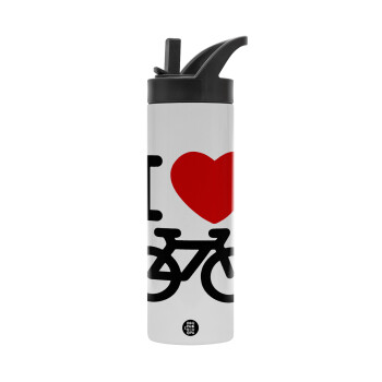 I love Bike, Metallic thermos bottle with straw & handle, stainless steel (Stainless steel 304), double-walled, 600ml.