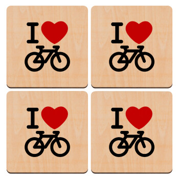 I love Bike, ΣΕΤ x4 Σουβέρ ξύλινα τετράγωνα plywood (9cm)