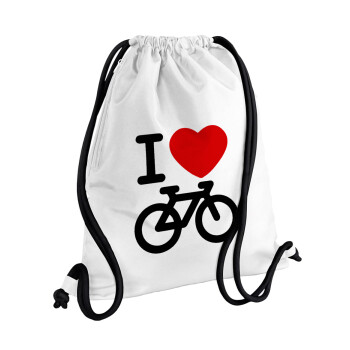 I love Bike, Τσάντα πλάτης πουγκί GYMBAG λευκή, με τσέπη (40x48cm) & χονδρά κορδόνια