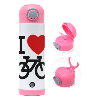 I love Bike, Children's hot water bottle, stainless steel, with safety straw, PINK (500ml)