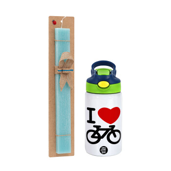 I love Bike, Πασχαλινό Σετ, Παιδικό παγούρι θερμό, ανοξείδωτο, με καλαμάκι ασφαλείας, πράσινο/μπλε (350ml) & πασχαλινή λαμπάδα αρωματική πλακέ (30cm) (ΤΙΡΚΟΥΑΖ)