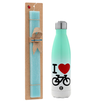 I love Bike, Πασχαλινό Σετ, Μεταλλικό παγούρι θερμός Πράσινο/Λευκό (Stainless steel), διπλού τοιχώματος, 500ml & πασχαλινή λαμπάδα αρωματική πλακέ (30cm) (ΤΙΡΚΟΥΑΖ)