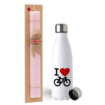 I love Bike, Easter Set, metallic stainless steel water bottle (750ml) & scented flat Easter candle (30cm) (PINK)