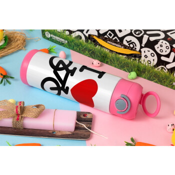 I love Bike, Easter candle, Childrens hot water bottle, stainless steel, with safety straw, PINK (500ml)