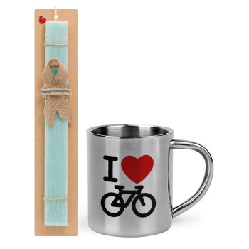 I love Bike, Πασχαλινό Σετ, μεταλλική κούπα θερμό (300ml) & πασχαλινή λαμπάδα αρωματική πλακέ (30cm) (ΤΙΡΚΟΥΑΖ)