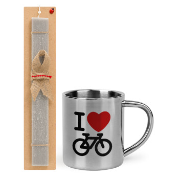 I love Bike, Πασχαλινό Σετ, μεταλλική κούπα θερμό (300ml) & πασχαλινή λαμπάδα αρωματική πλακέ (30cm) (ΓΚΡΙ)