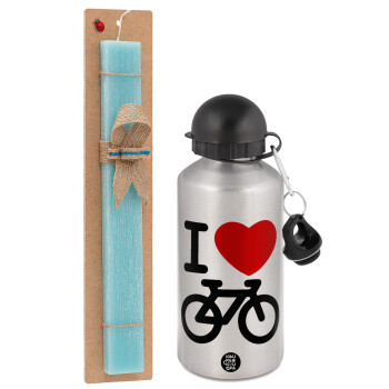 I love Bike, Πασχαλινό Σετ, παγούρι μεταλλικό Ασημένιο αλουμινίου (500ml) & πασχαλινή λαμπάδα αρωματική πλακέ (30cm) (ΤΙΡΚΟΥΑΖ)