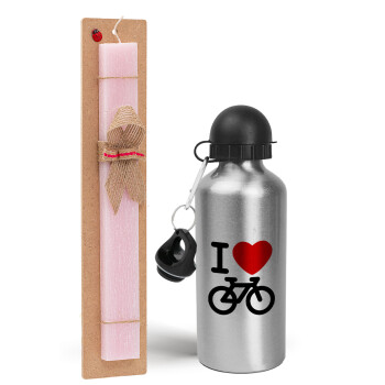 I love Bike, Easter Set, metallic Silver aluminum water bottle (500ml) & scented flat Easter candle (30cm) (PINK)