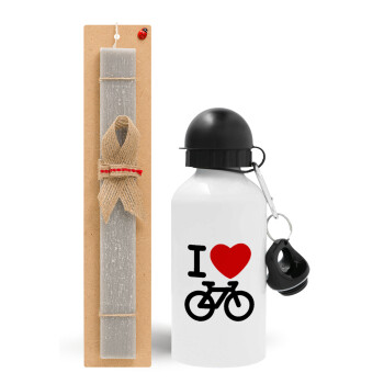 I love Bike, Πασχαλινό Σετ, παγούρι μεταλλικό  αλουμινίου (500ml) & πασχαλινή λαμπάδα αρωματική πλακέ (30cm) (ΓΚΡΙ)
