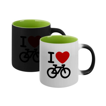 I love Bike, Κούπα Μαγική εσωτερικό πράσινο, κεραμική 330ml που αλλάζει χρώμα με το ζεστό ρόφημα (1 τεμάχιο)