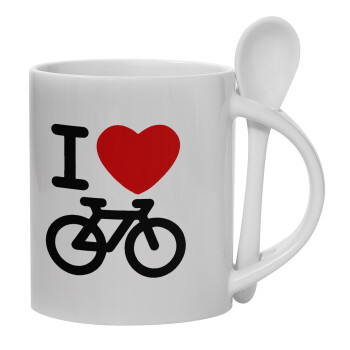 I love Bike, Ceramic coffee mug with Spoon, 330ml (1pcs)