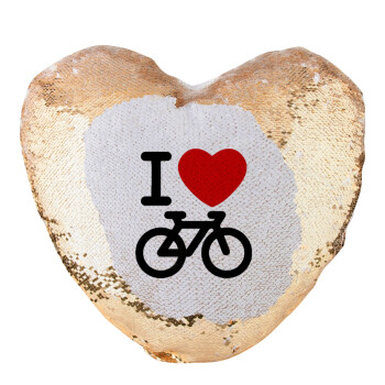 I love Bike, Μαξιλάρι καναπέ καρδιά Μαγικό Χρυσό με πούλιες 40x40cm περιέχεται το  γέμισμα