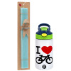 Easter Set, Children's thermal stainless steel bottle with safety straw, green/blue (350ml) & aromatic flat Easter candle (30cm) (TURQUOISE)