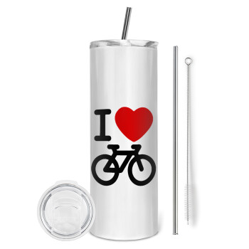 I love Bike, Eco friendly ποτήρι θερμό (tumbler) από ανοξείδωτο ατσάλι 600ml, με μεταλλικό καλαμάκι & βούρτσα καθαρισμού