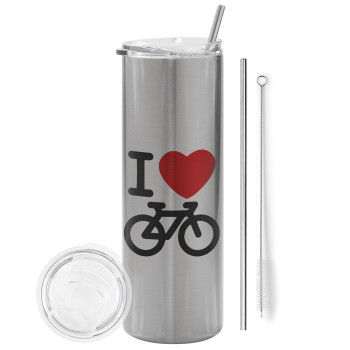 I love Bike, Eco friendly ποτήρι θερμό Ασημένιο (tumbler) από ανοξείδωτο ατσάλι 600ml, με μεταλλικό καλαμάκι & βούρτσα καθαρισμού