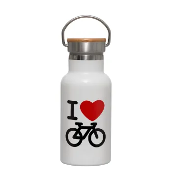 I love Bike, Metallic thermos (Stainless steel) White with wooden lid (bamboo), double-walled, 350ml