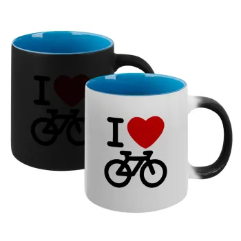I love Bike, Κούπα Μαγική εσωτερικό μπλε, κεραμική 330ml που αλλάζει χρώμα με το ζεστό ρόφημα