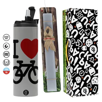 I love Bike, Πασχαλινή Λαμπάδα με Travel Tumbler θερμό (600ml, BPA free) & κερί αρωματικό πλακέ (30cm) (ΓΚΡΙ)