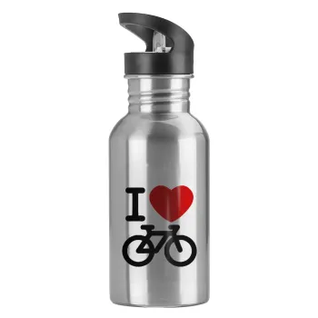 I love Bike, Water bottle Silver with straw, stainless steel 600ml
