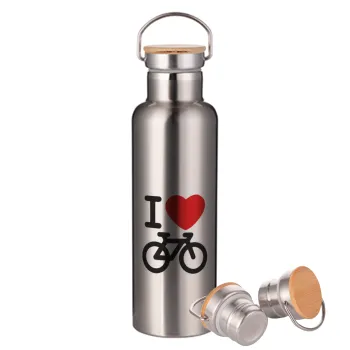 I love Bike, Stainless steel Silver with wooden lid (bamboo), double wall, 750ml