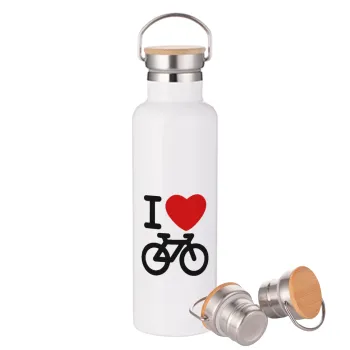 I love Bike, Stainless steel White with wooden lid (bamboo), double wall, 750ml