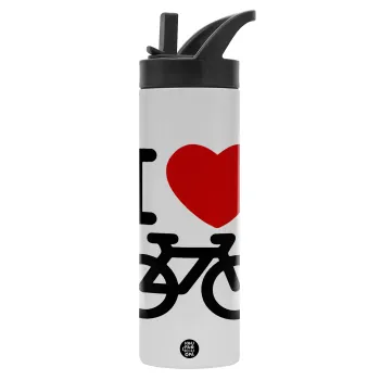 I love Bike, Metallic thermos bottle with straw & handle, stainless steel (Stainless steel 304), double-walled, 600ml.
