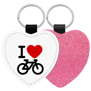 I love Bike, Μπρελόκ PU δερμάτινο glitter καρδιά ΡΟΖ