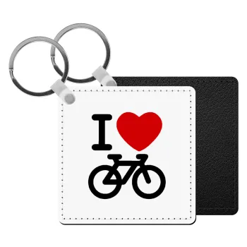 I love Bike, Μπρελόκ Δερματίνη, τετράγωνο ΜΑΥΡΟ (5x5cm)