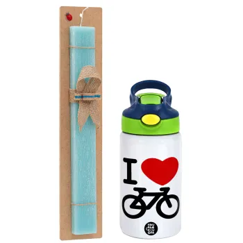 I love Bike, Easter Set, Children's thermal stainless steel bottle with safety straw, green/blue (350ml) & aromatic flat Easter candle (30cm) (TURQUOISE)