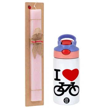 I love Bike, Easter Set, Children's thermal stainless steel water bottle with safety straw, pink/purple (350ml) & Easter scented flat candle (30cm) (PINK)