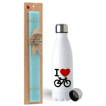I love Bike, Easter Set, metallic stainless steel water bottle (750ml) & aromatic flat Easter candle (30cm) (TURQUOISE)
