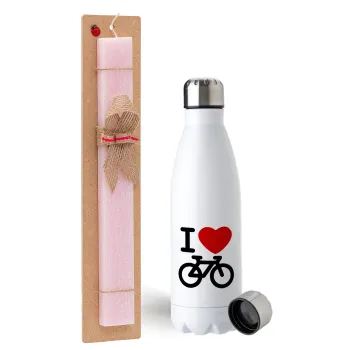 I love Bike, Easter Set, metallic stainless steel water bottle (750ml) & scented flat Easter candle (30cm) (PINK)