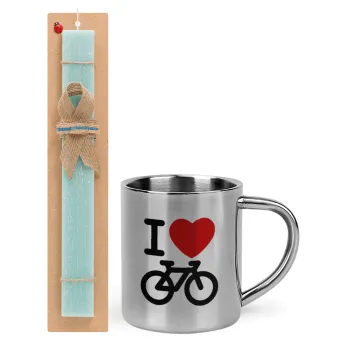 I love Bike, Easter Set, metallic thermal cup (300ml) & aromatic flat Easter candle (30cm) (TURQUOISE)