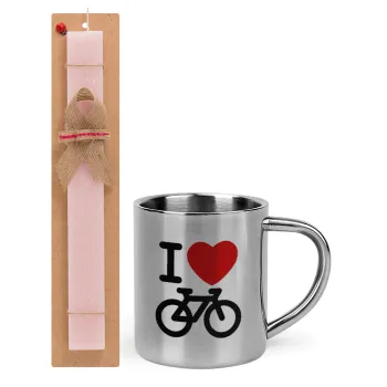 I love Bike, Πασχαλινή Λαμπάδα με μεταλλική κούπα θερμό (300ml) & κερί αρωματικό πλακέ (30cm) (ΡΟΖ)