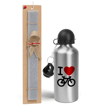 I love Bike, Easter Set, metallic silver aluminum water bottle (500ml) & aromatic flat Easter candle (30cm) (GRAY)