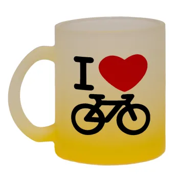 I love Bike, Κούπα γυάλινη δίχρωμη με βάση το κίτρινο ματ, 330ml