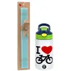 Easter Set, Children's thermal stainless steel bottle with safety straw, green/blue (350ml) & aromatic flat Easter candle (30cm) (TURQUOISE)