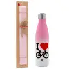 Easter Set, Metallic pink/white (Stainless steel) thermos, double-walled, 500ml & aromatic flat Easter candle (30cm) (PINK)