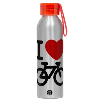 I love Bike, Αλουμινένιο Αθλητικό Μπουκάλι 650ml – Ασημί με Κόκκινο Καπάκι και Λουράκι Σιλικόνης