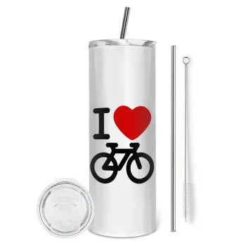 I love Bike, Tumbler ποτήρι θερμό από ανοξείδωτο ατσάλι 600ml, με μεταλλικό καλαμάκι & βούρτσα καθαρισμού