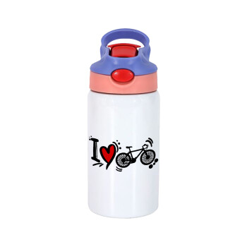 I love my bike, Children's hot water bottle, stainless steel, with safety straw, pink/purple (350ml)