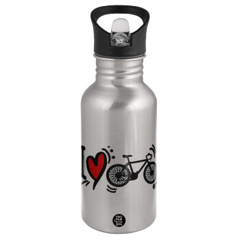 I love my bike, Water bottle Silver with straw, stainless steel 500ml
