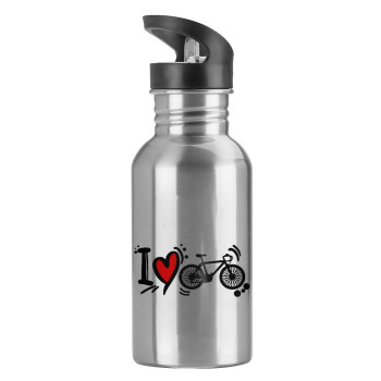 I love my bike, Water bottle Silver with straw, stainless steel 600ml