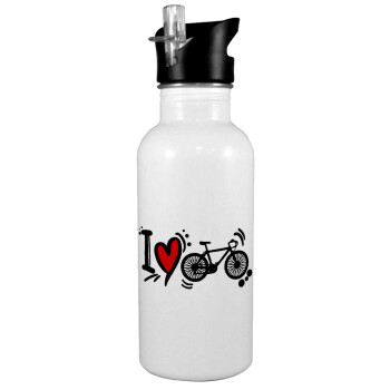 I love my bike, White water bottle with straw, stainless steel 600ml