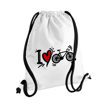 I love my bike, Τσάντα πλάτης πουγκί GYMBAG λευκή, με τσέπη (40x48cm) & χονδρά κορδόνια