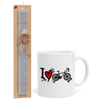 I love my bike, Πασχαλινό Σετ, Κούπα κεραμική (330ml) & πασχαλινή λαμπάδα αρωματική πλακέ (30cm) (ΓΚΡΙ)